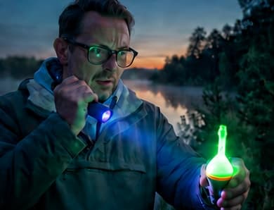 Angler aktiviert den Glow-Float nachts mit UV-Licht